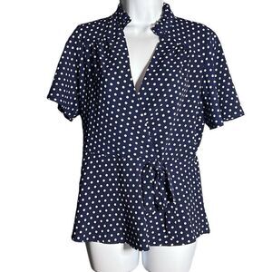Monteau Los Angeles Women's Polka Dots Short Sleeve Blue Wrap Top Size Large